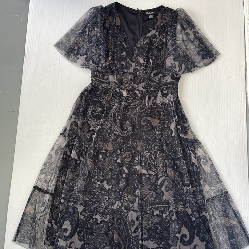 Candalite Floral Mesh Overlay Lined Dress Medium Black Flutter Sleeve Whimsigoth